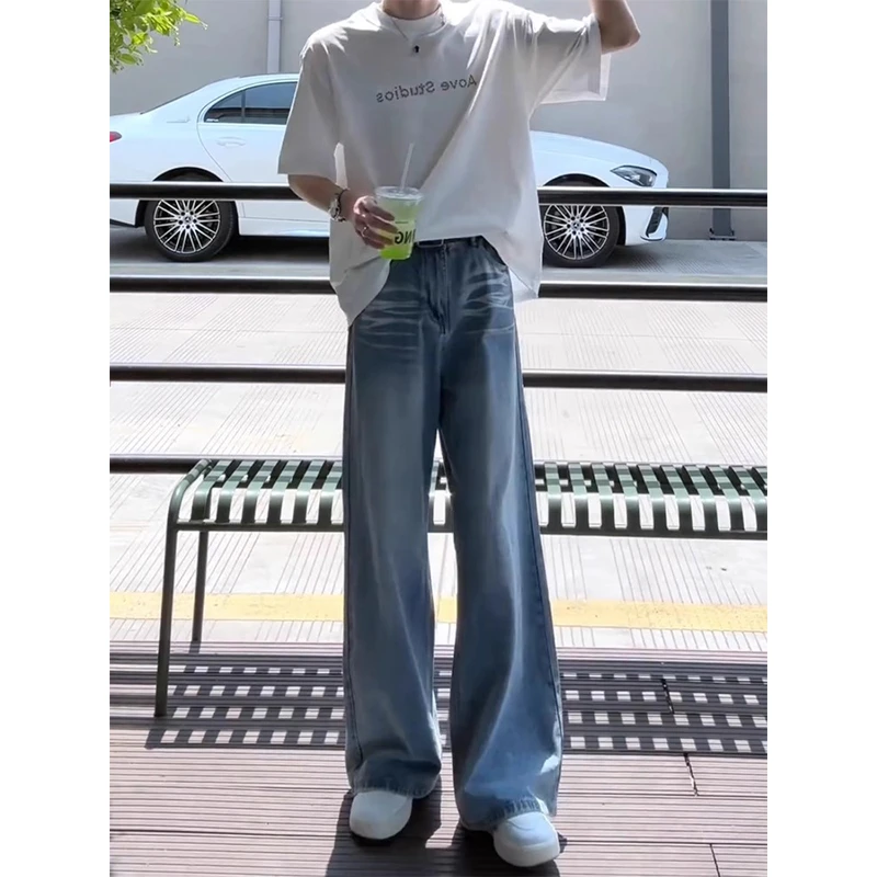 浅蓝色水洗阔腿牛仔裤男款夏季猫须纹美式复古裤子高腰直筒微喇裤