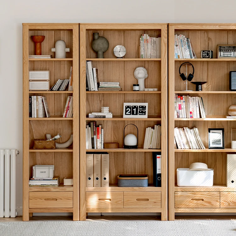 全实木书架简约橡木抽屉式书柜家用书房置物架开放格展示柜收纳柜