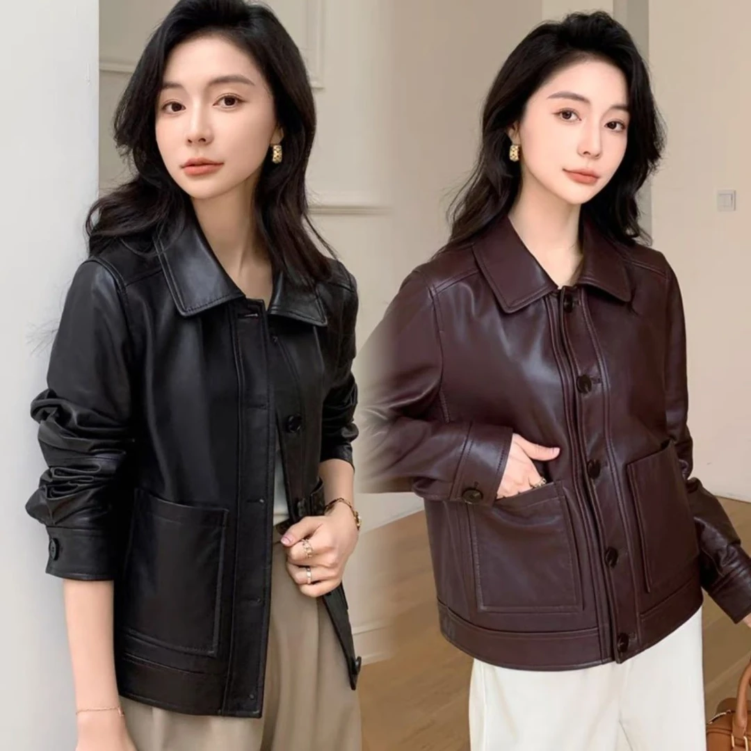 2025年新款春秋季海宁蛋白皮真软皮衣女复古时尚外套翻领短款夹克