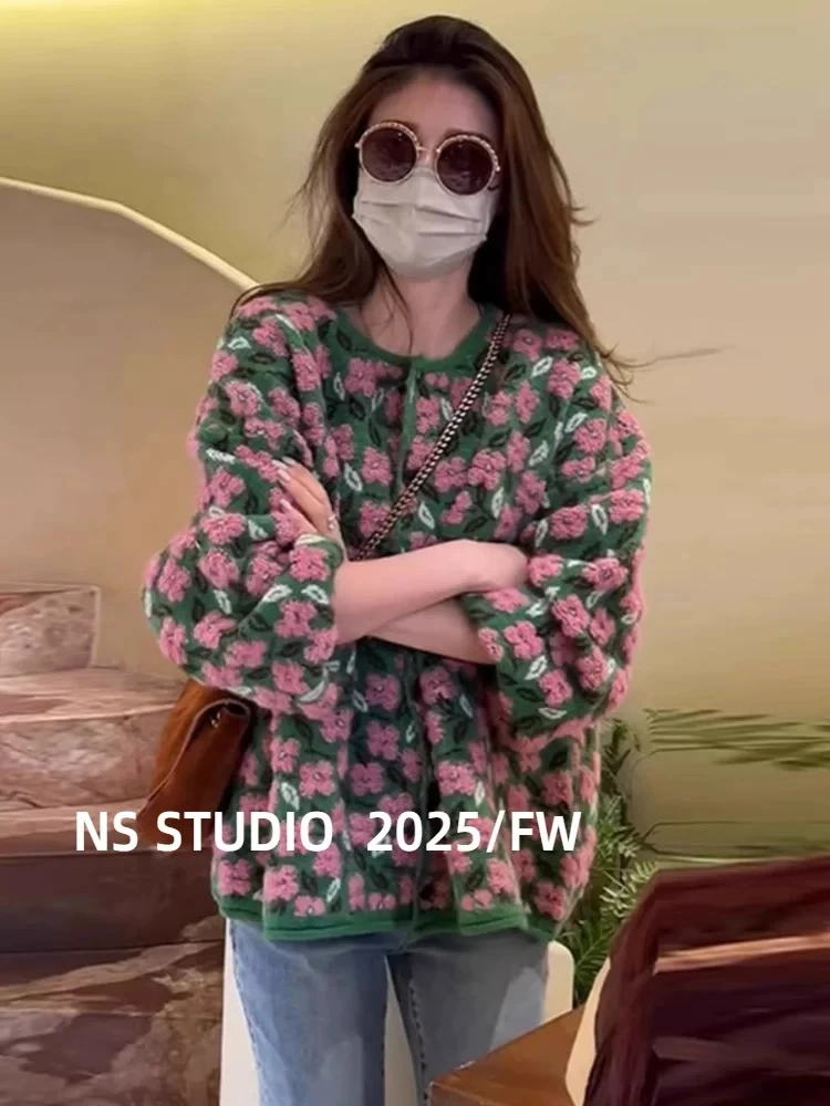 香家【可可西里】小众文艺立体秋冬提花毛衣开衫宽松百搭出游服装女