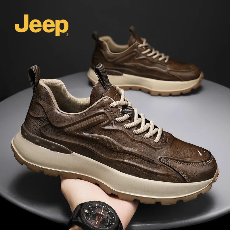 Jeep吉普2025年新款潮流复古百搭真皮老爹鞋休闲鞋舒适轻便厚底款