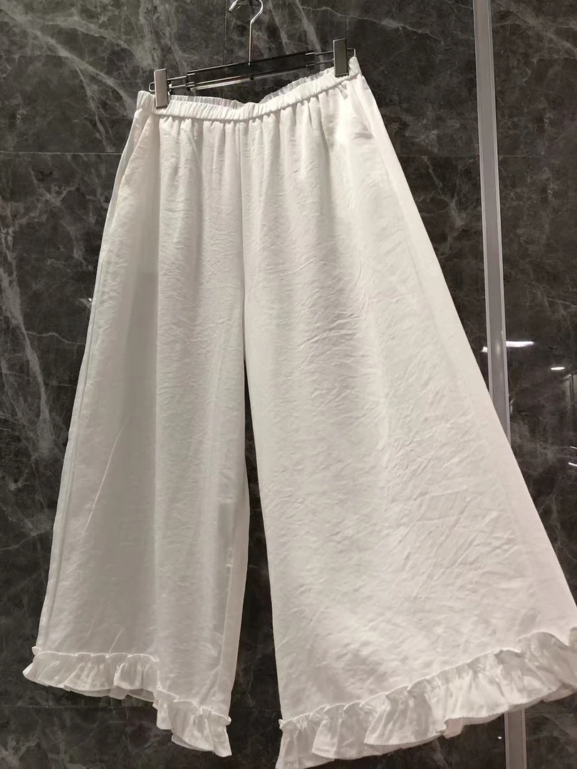 大码洋气木耳花边亚麻阔腿裤女夏季新款高腰显瘦遮肉休闲八分裤子