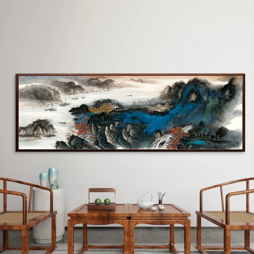 326-62*185新中式一帆风顺山水画客厅沙发背景墙办公室装饰画