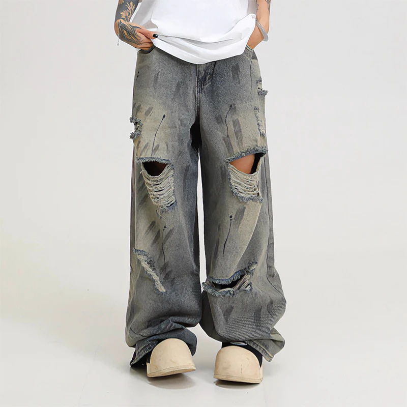 25SS【涂鸦玩家】街头水洗做旧擦色破洞牛仔裤男夏季复古直筒阔腿裤