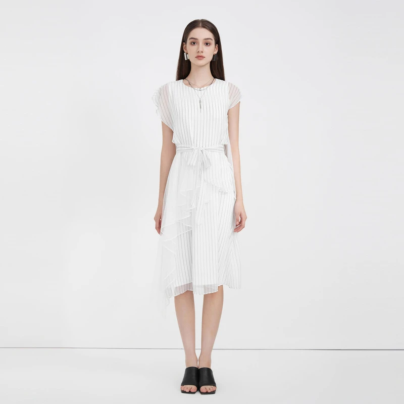 sdeer圣迪奥女装时尚气质圆领条纹网纱收腰短袖连衣裙S223Z123V