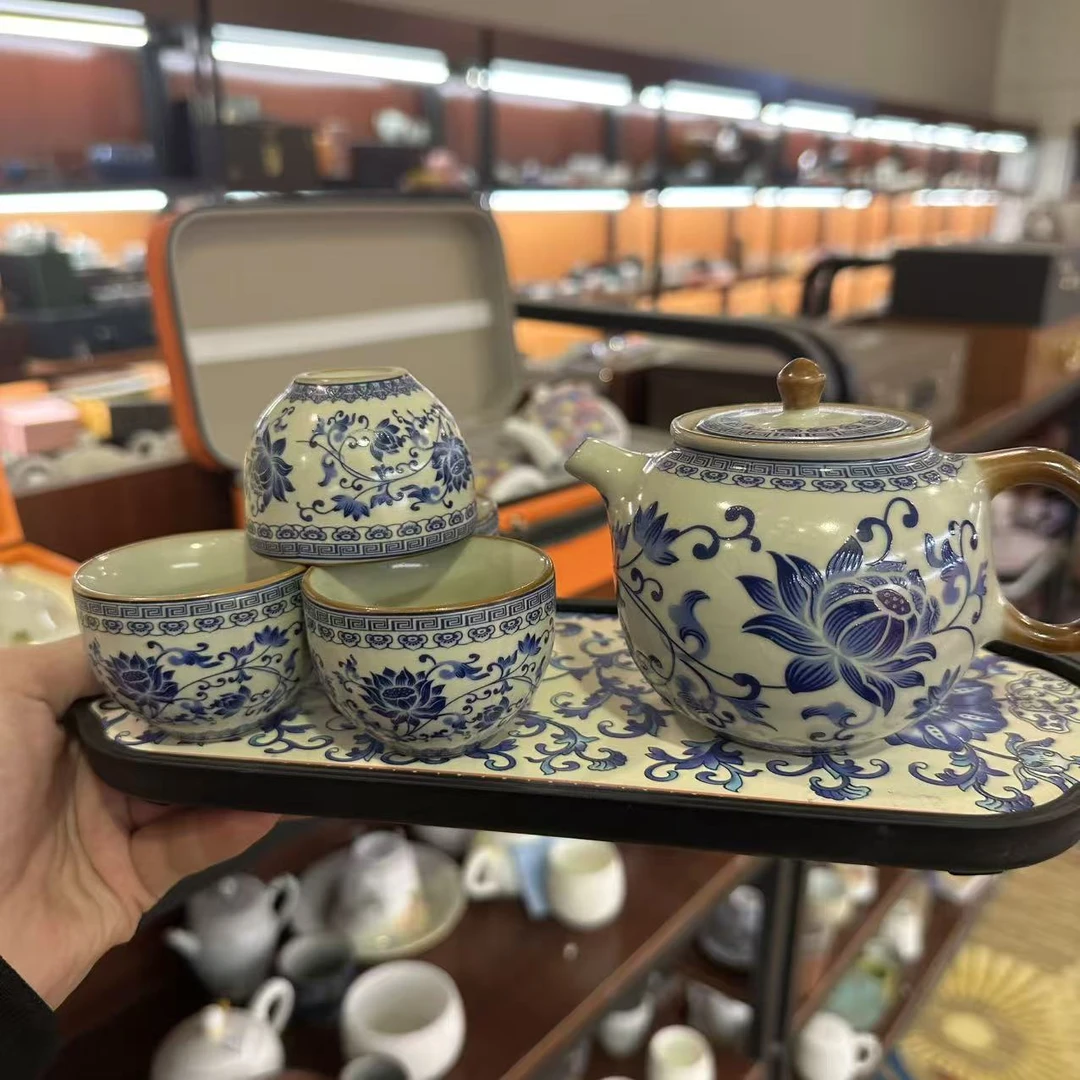 友名 米黄汝窑勾藤缠枝莲如意壶一壶四杯小套装功夫茶具-4006