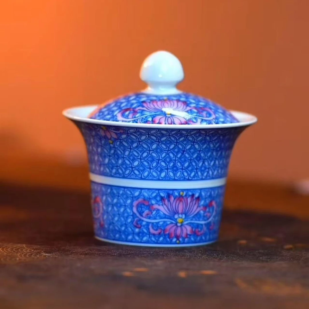 【熙呈堂】青花斗彩一鹿有钱花直身盖碗