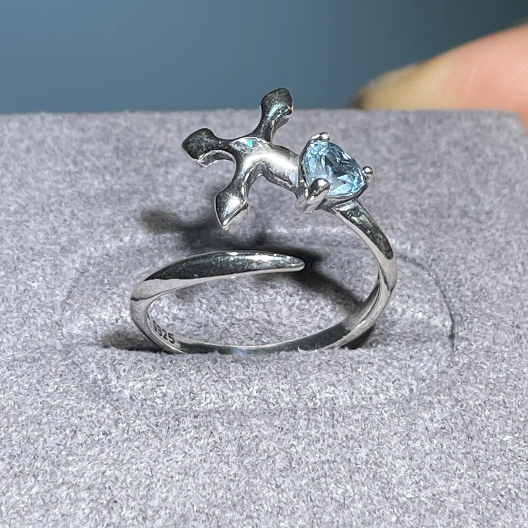 S925银镶嵌天然托帕石心形戒指女原创手工设计首饰