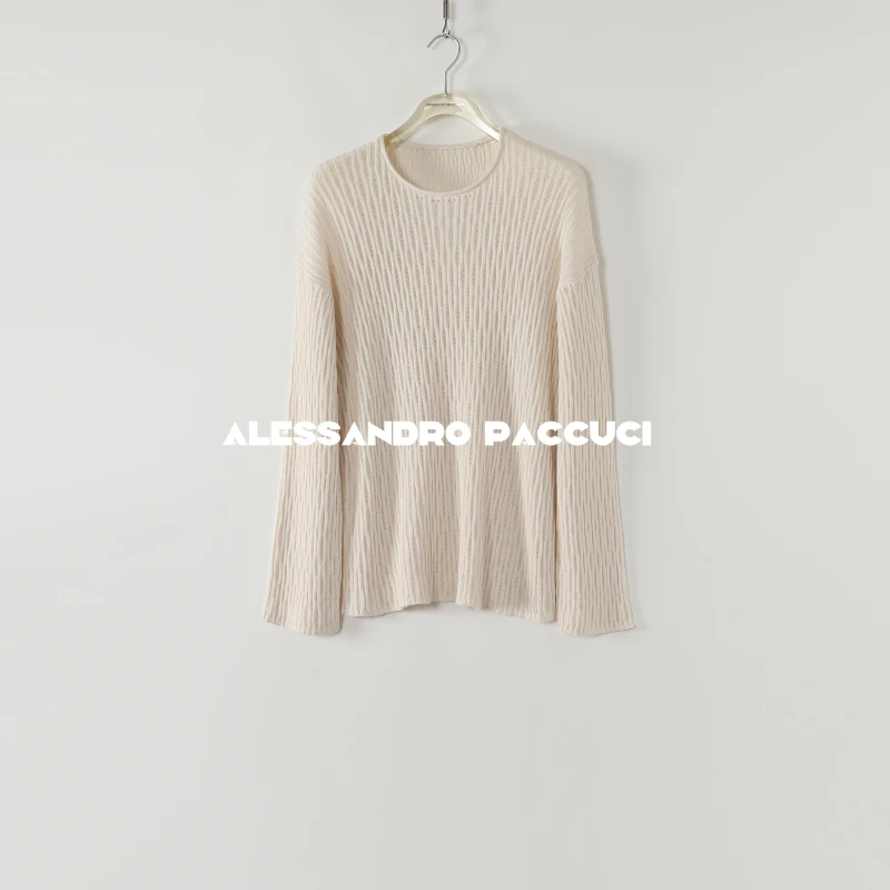 AP洛哥53057ST【瞬织】100棉卷边圆领移针镂空时尚百搭长袖套头衫