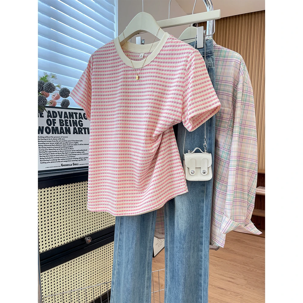 独特高级感撞色条纹圆领2025夏季新款短袖T恤女时尚百搭格子上衣