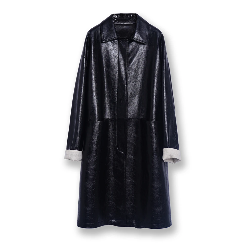 西班牙进口油蜡绵羊皮真皮风衣长款洋气外套女大气25年秋上新皮衣