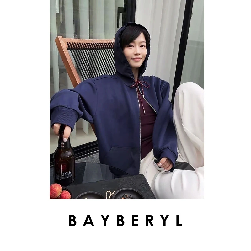 BAYBERYL老贝缪里缪气*藏青拼接抽绳连帽休闲秋卫衣NT5F3005