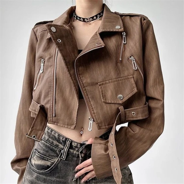 美式覆古时尚流行酷飒风皮衣外套女春秋街头小个子宽松短款皮夹克