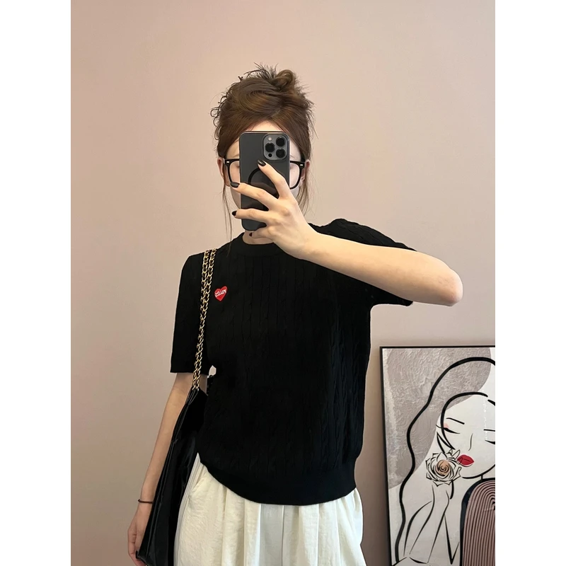 短袖针织衫女2025春季爱心老钱风麻花百搭毛衣打底衫夏季复古小众