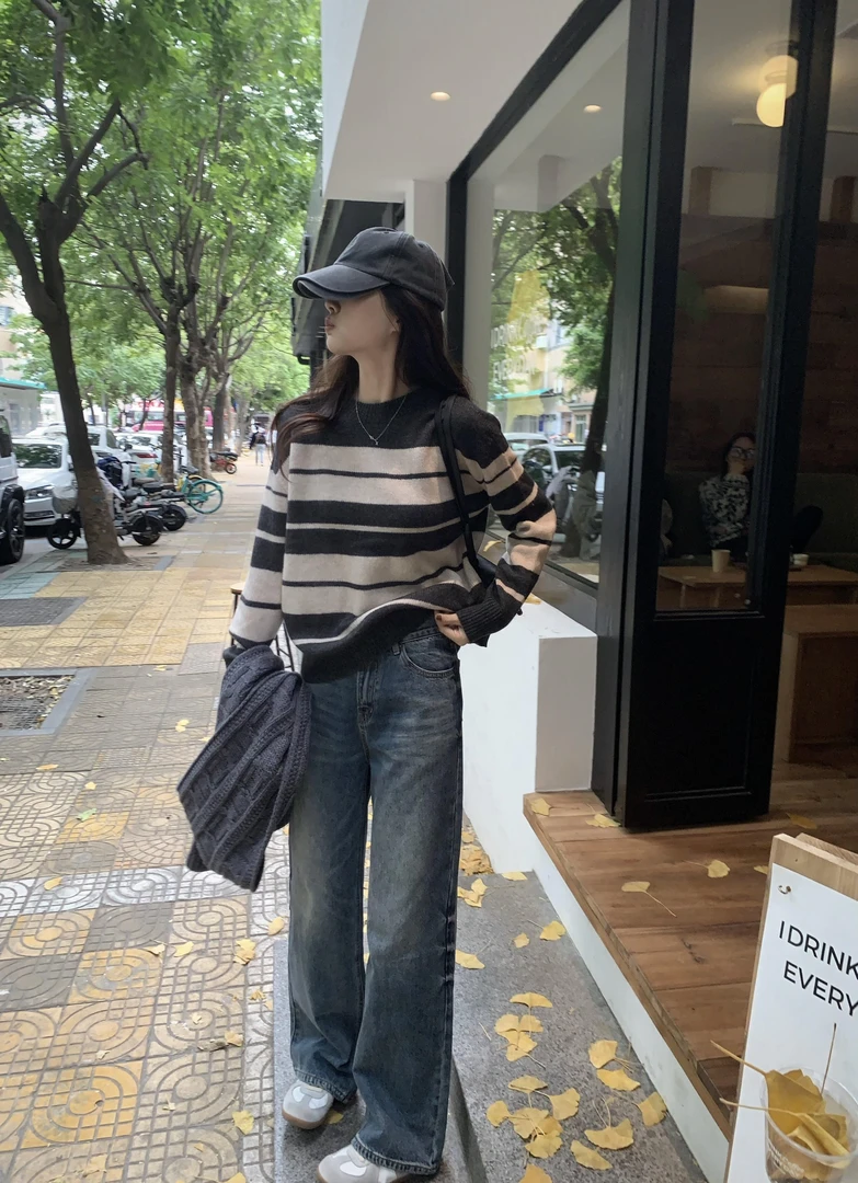 秋季新款美式复古条纹撞色圆领针织衫长袖t恤休闲直筒牛仔裤套装