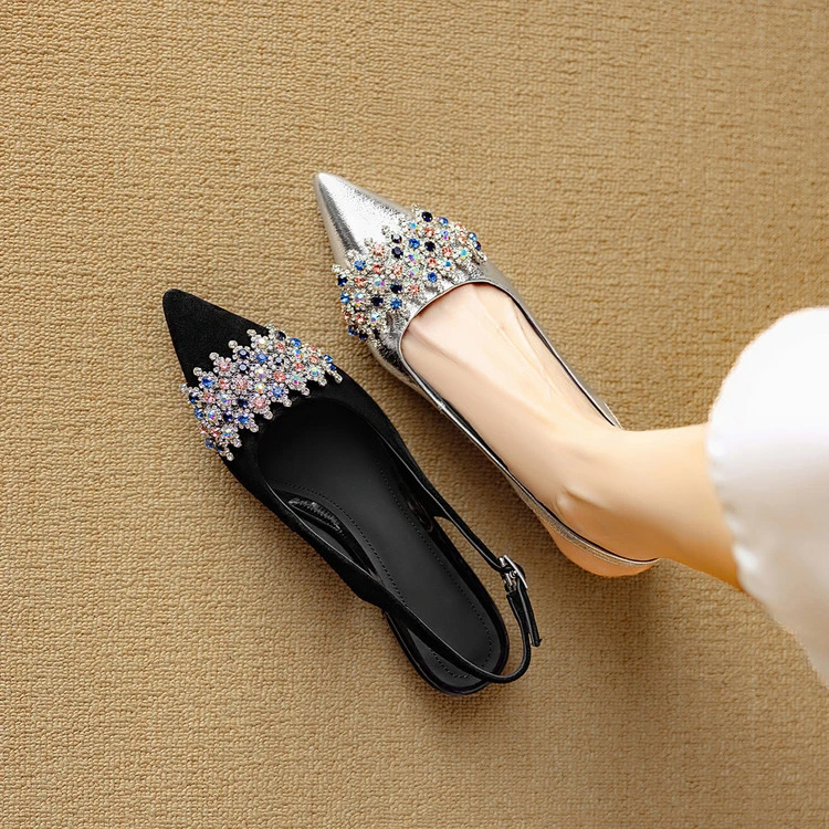 （羊皮/2.5厘米）法式新款尖头浅口彩钻低跟包头四季款后空单鞋凉鞋