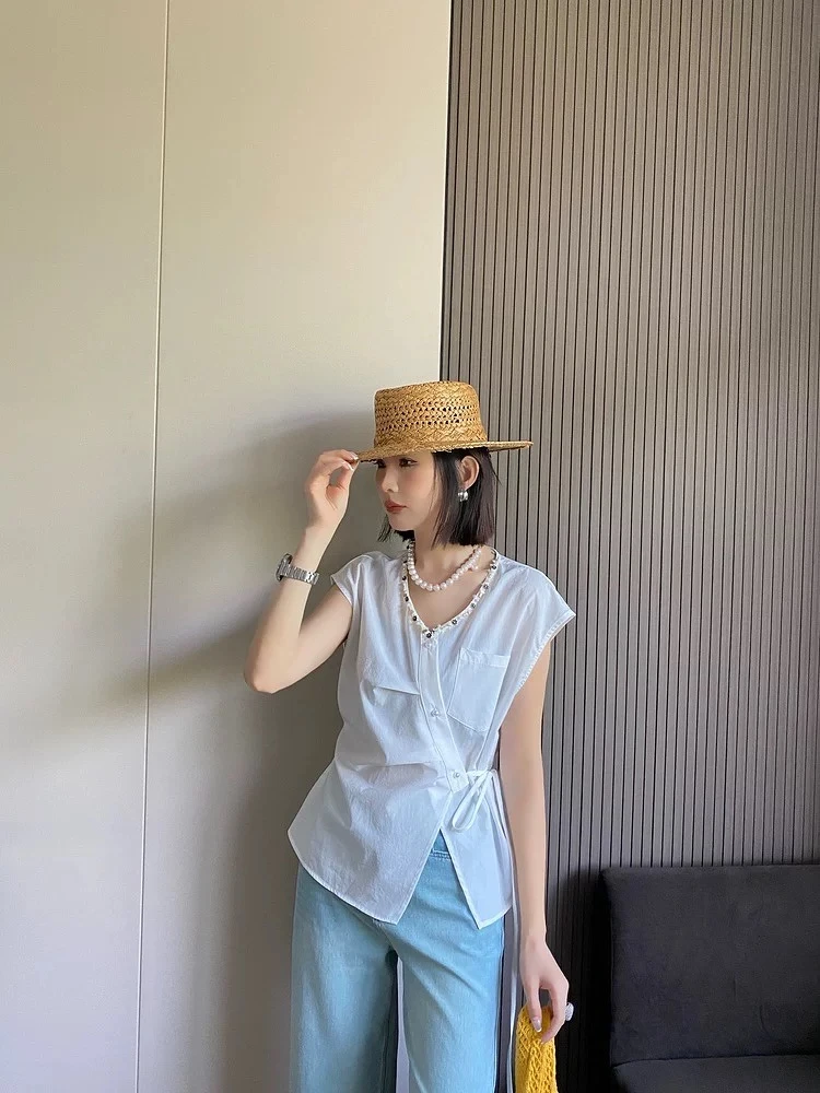 【钰姐精选】米优8535-韩版时尚百搭无袖系带衬女夏季小衫背心衬衣