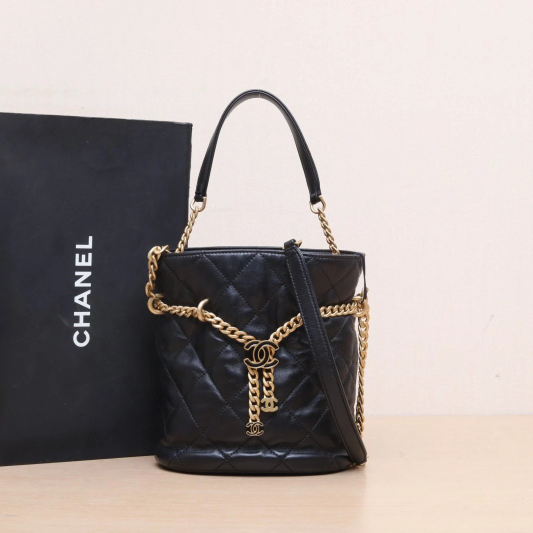 95新 Chanel/香奈儿 【双双】22P 福袋水桶包 19cm双C珐琅扣链条