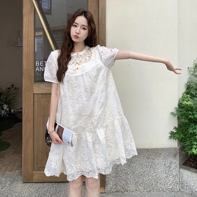超好看米白色重工蕾丝刺绣连衣裙女2025小个子甜美可爱减龄娃娃裙