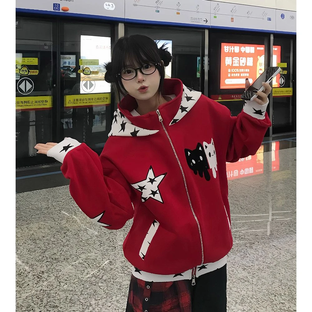 HandSeven美式星星猫咪连帽卫衣男女秋季宽松开衫百搭外套上衣
