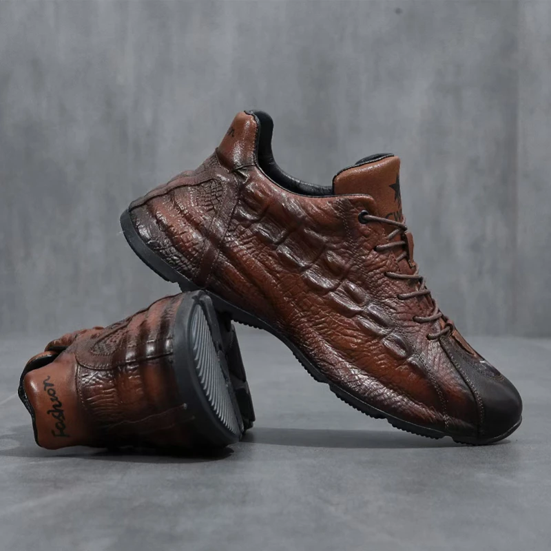 新款马皮~欧洲站轻奢爆款鳄鱼纹时尚潮流百搭全包底手工真皮男鞋