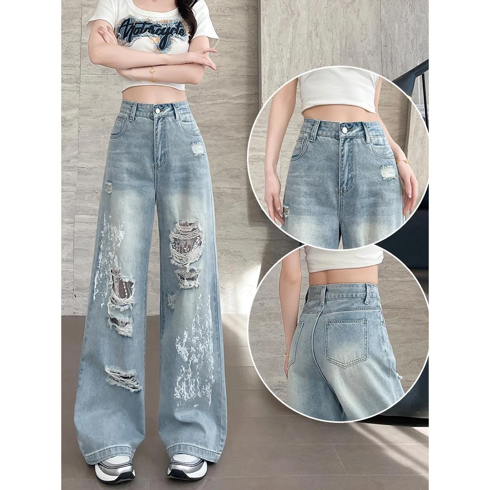 破洞烫钻阔腿牛仔裤女2025年新款夏季薄款垂感微喇裤夏季薄款女款