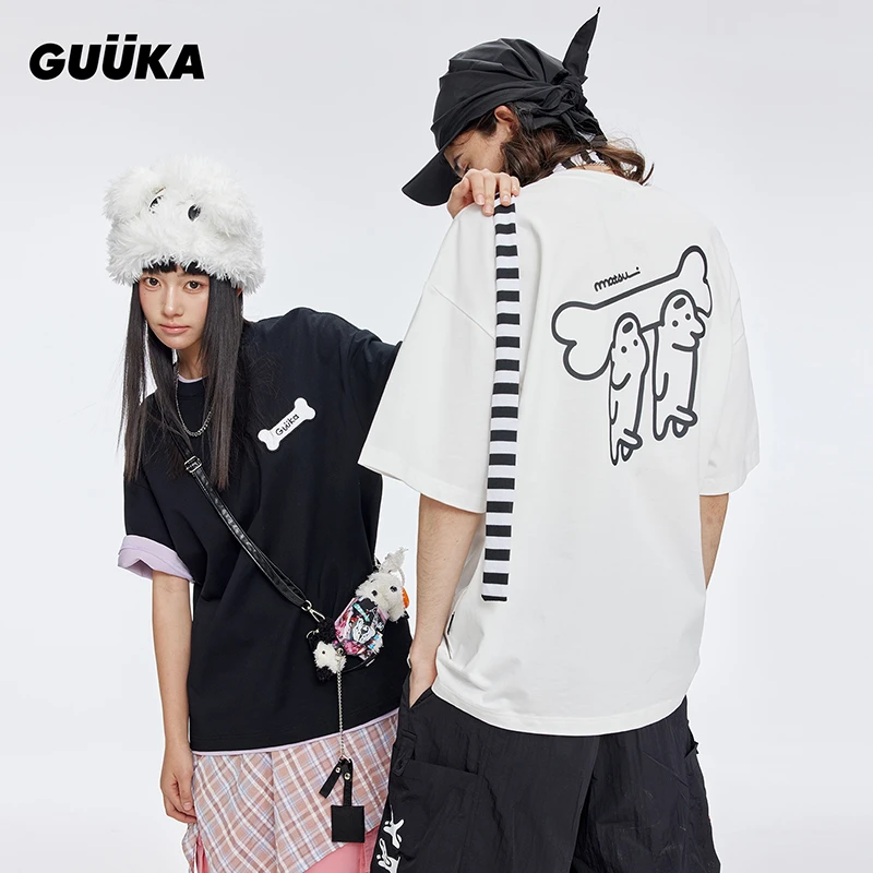 GUUKA&matsui联名小狗重磅短袖T恤潮牌新纯棉立体绣半袖短袖男t恤