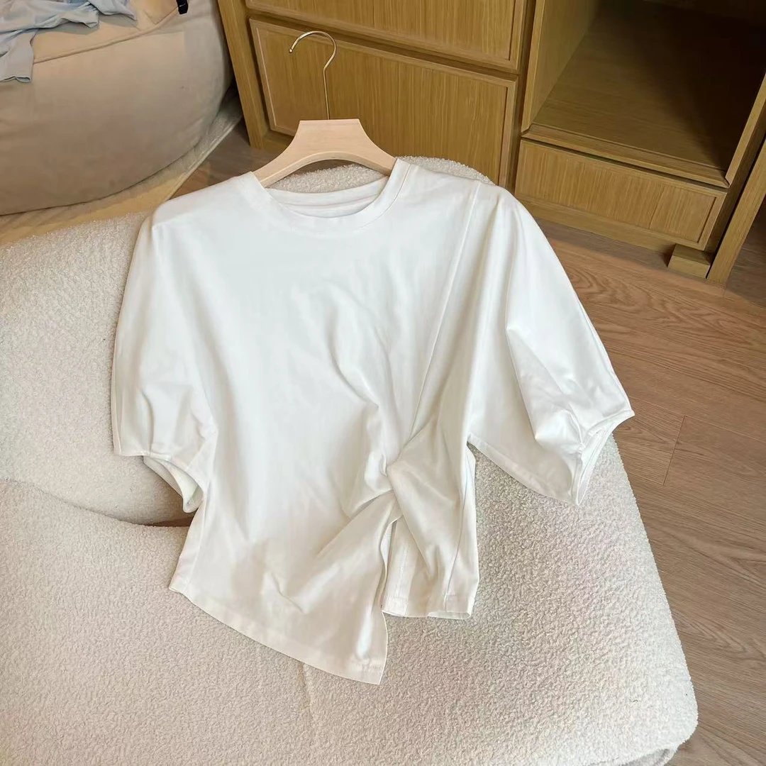 【豆子推荐】5803 夏季韩系设计感褶皱显瘦短袖纯色百搭T恤