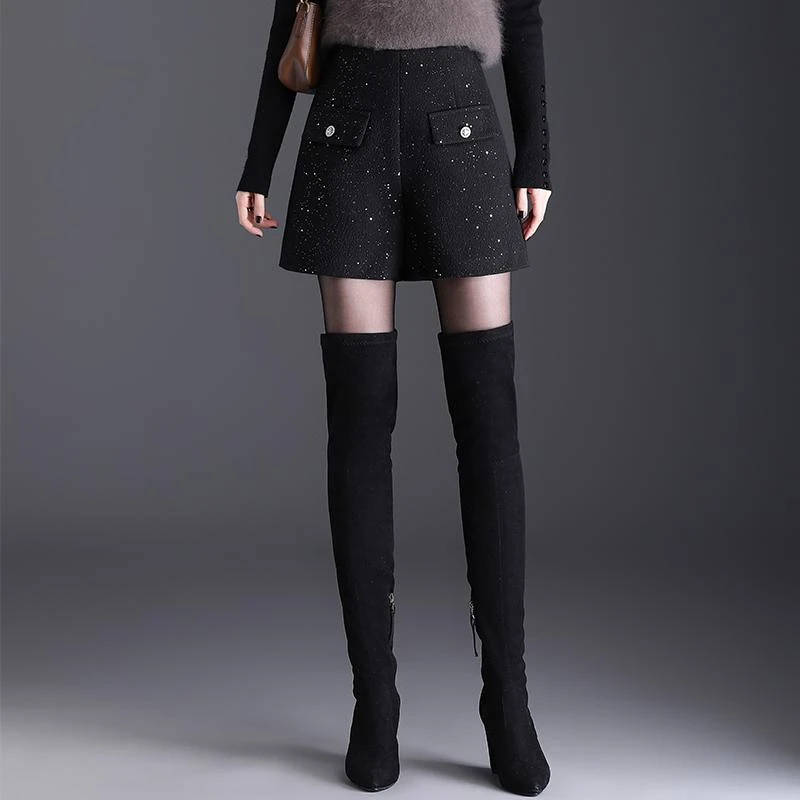 小香风亮片毛呢短裤女秋冬2025新款高腰显瘦外穿配靴子a字阔腿裤