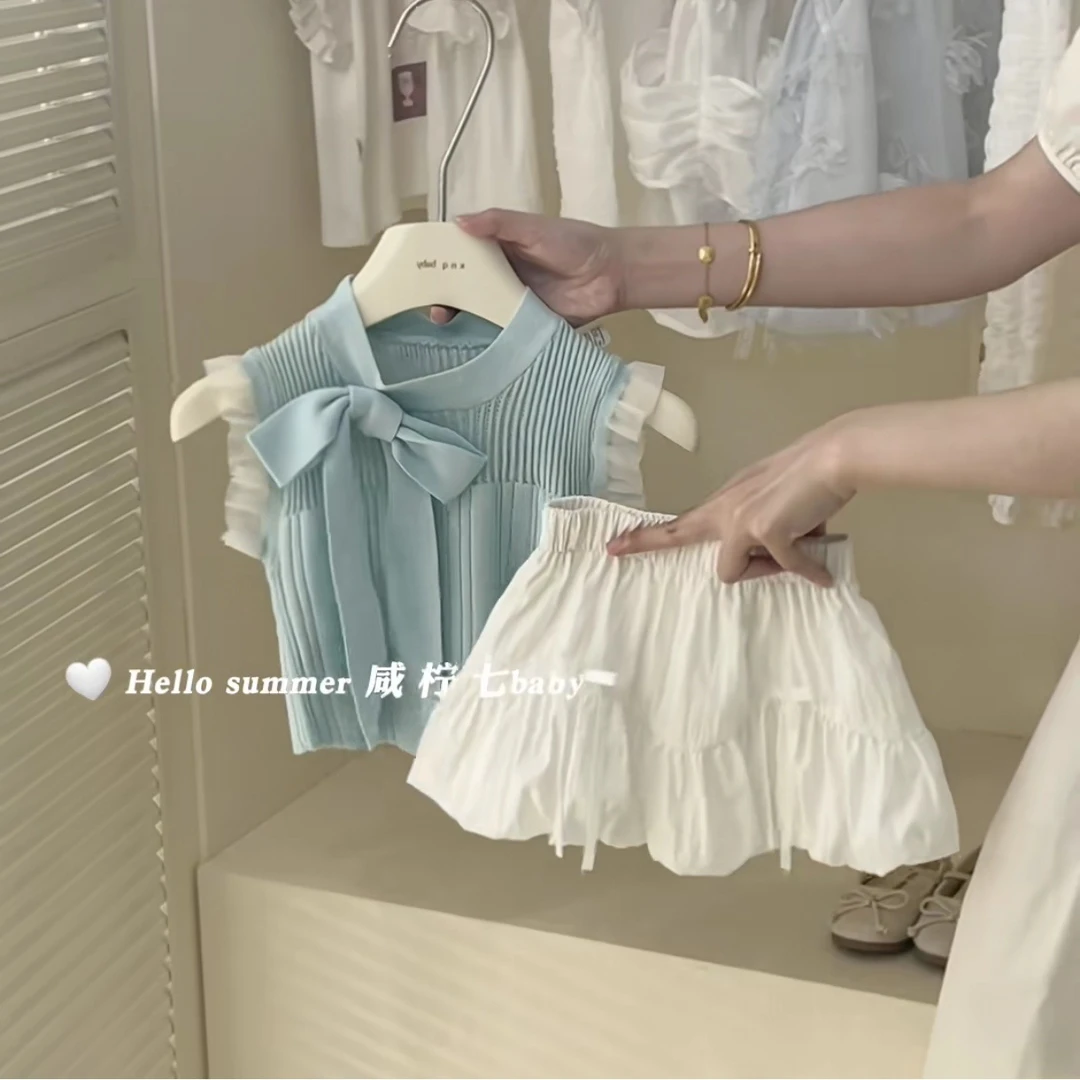 现货洋气套装2025新款洋气儿童蝴蝶结针织背心上衣花苞裙两件套