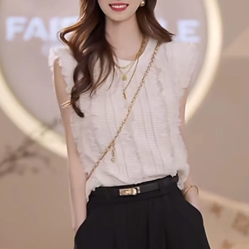 法式木耳花边短袖女夏新款圆领洋气上衣2025年新款高级感潮流小众