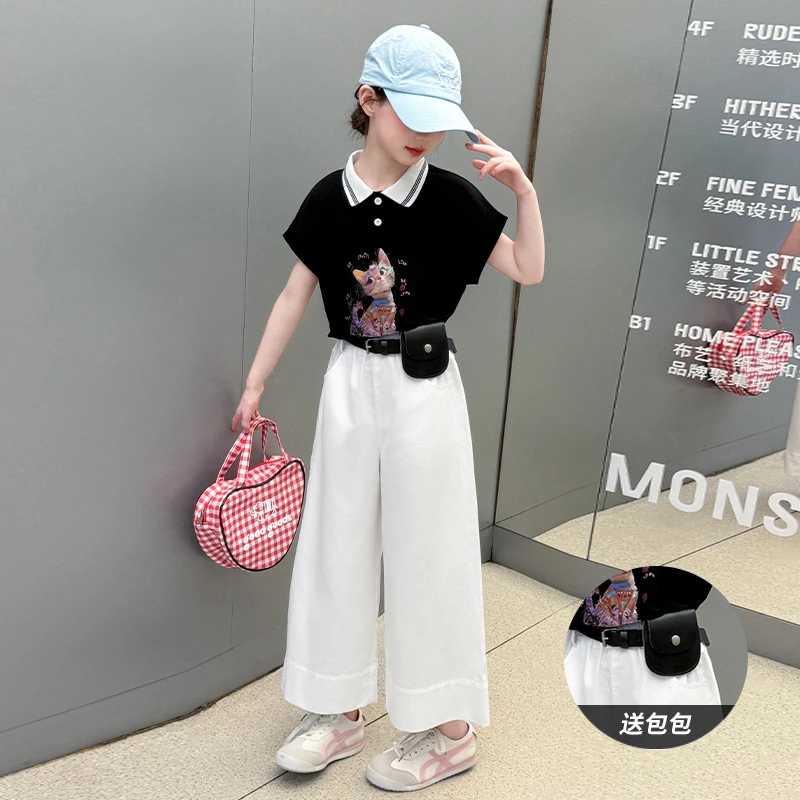 女童夏装短袖Polo衫套装2025夏季新款女大童休闲T恤阔腿裤两件套