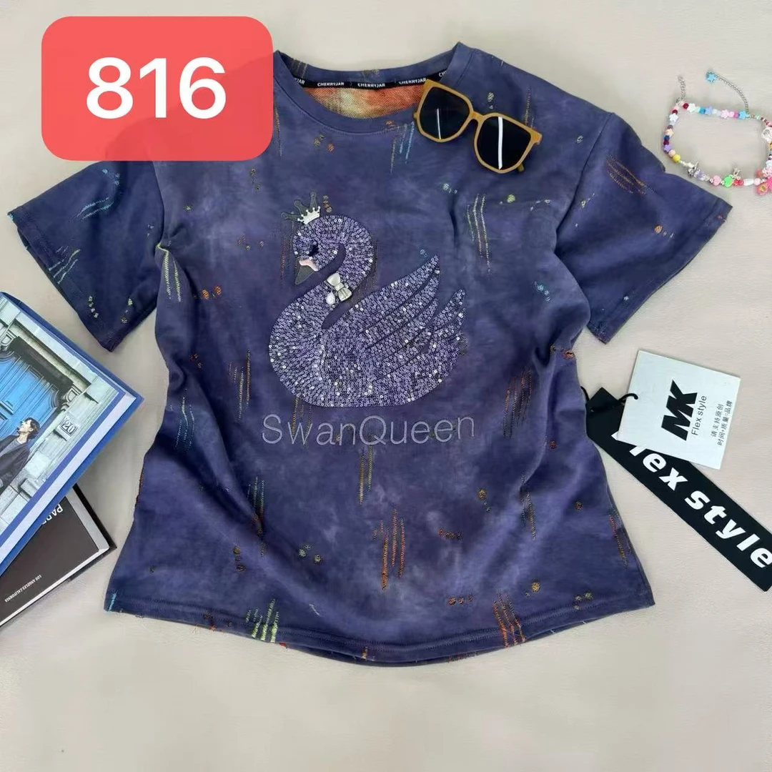 2025夏季新款重工天鹅短袖T恤 816