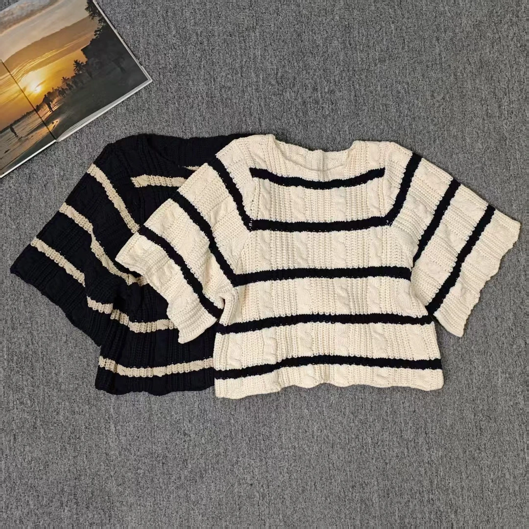 84254余小鱼 【落落大方】两色黑白条纹大袖子百搭短袖套头毛衣女装