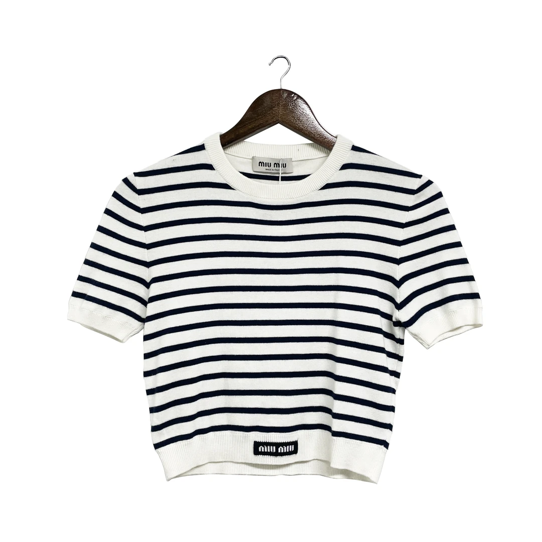 99新 MIU MIU/缪缪 青奢荟/40码/时尚蓝白横条纹针织短袖///67247