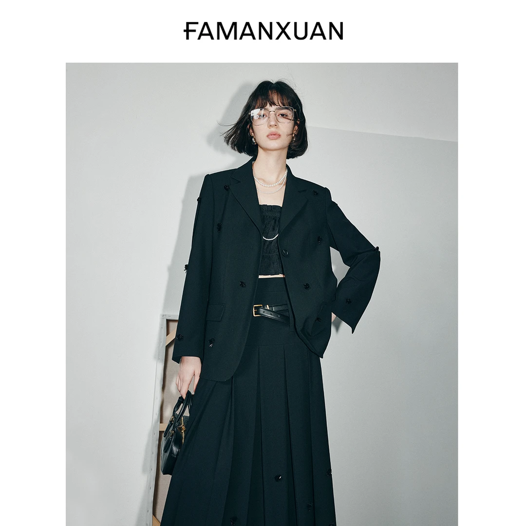 【梦梦专属】法曼萱重磅手工钉珠花朵廓形黑色西装外套FXZ0255