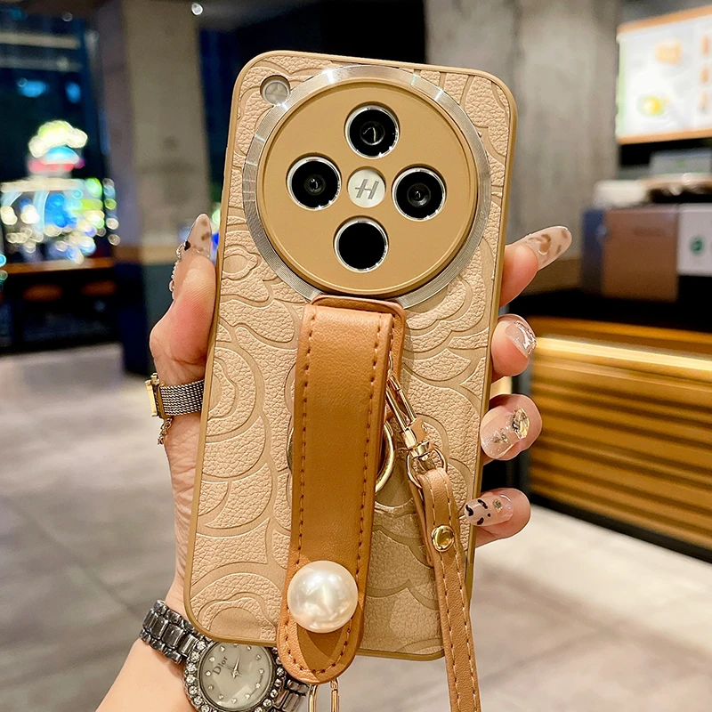 皮质山茶花适用OPPOfindx8手机壳findx7Pro珍珠腕带x6斜跨x5背带