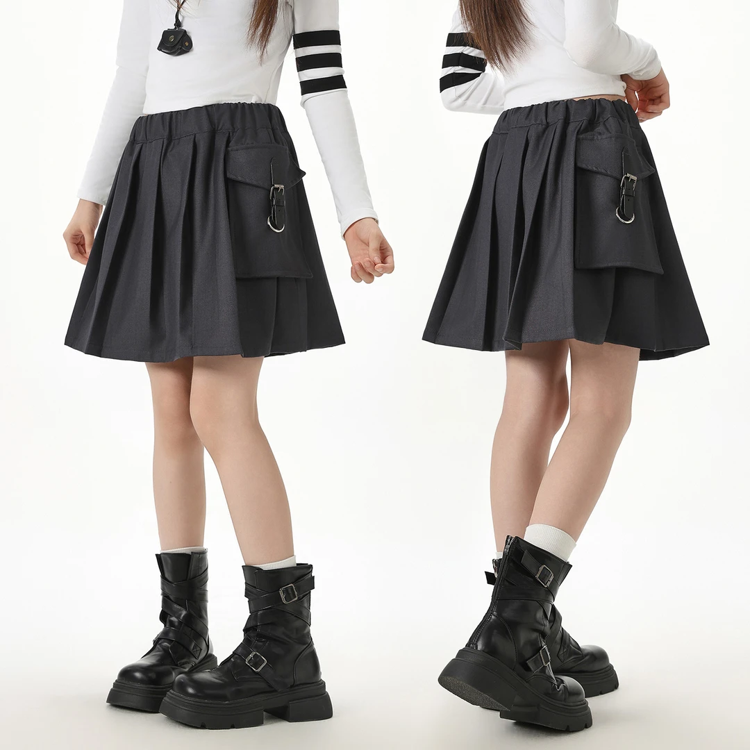 偏胖女孩百褶裙秋冬装初高中女童立体大口袋工装短裙甜酷半身裙子