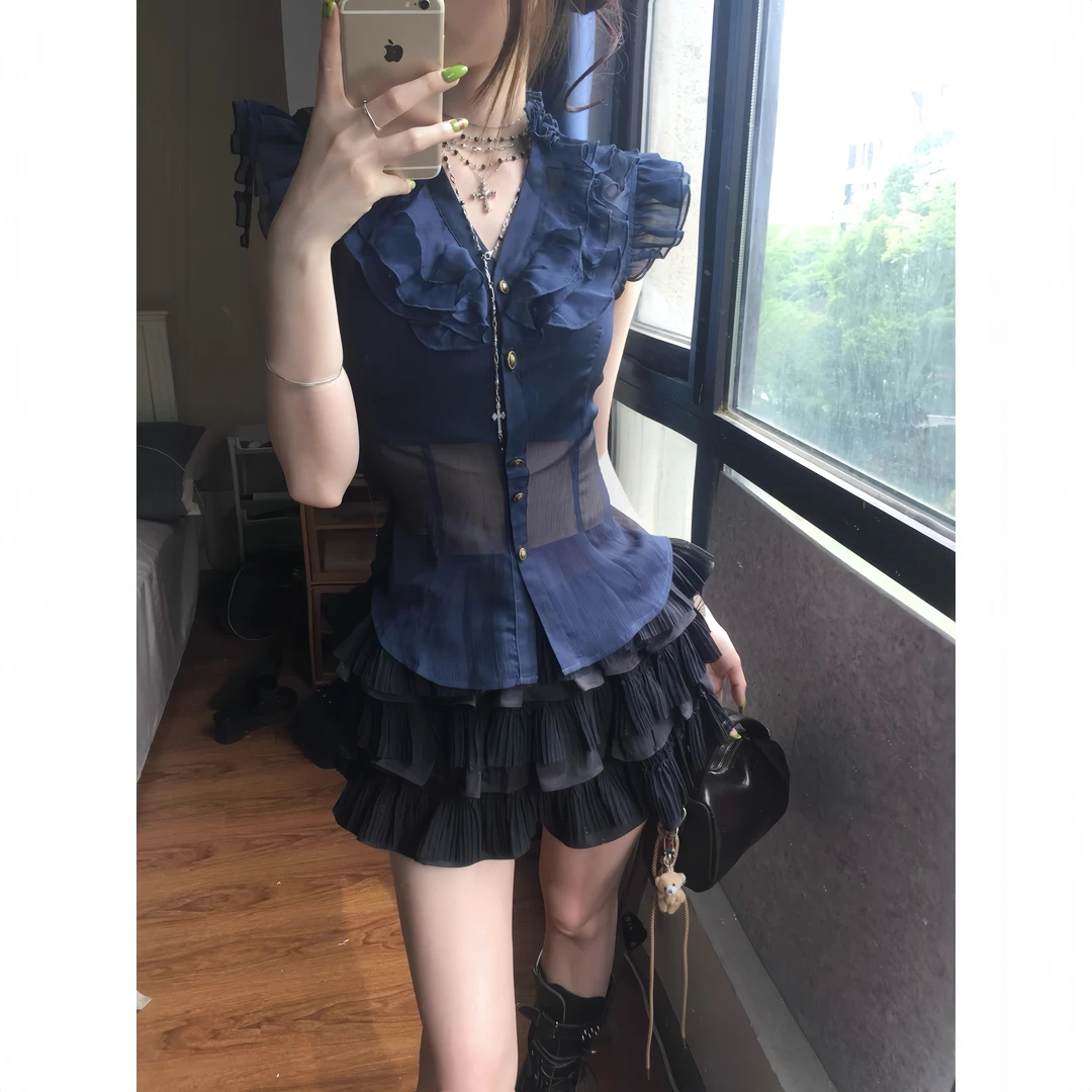 女装夏装套装2025新款爆款法式单排扣无袖衬衫上衣收腰显瘦半身裙