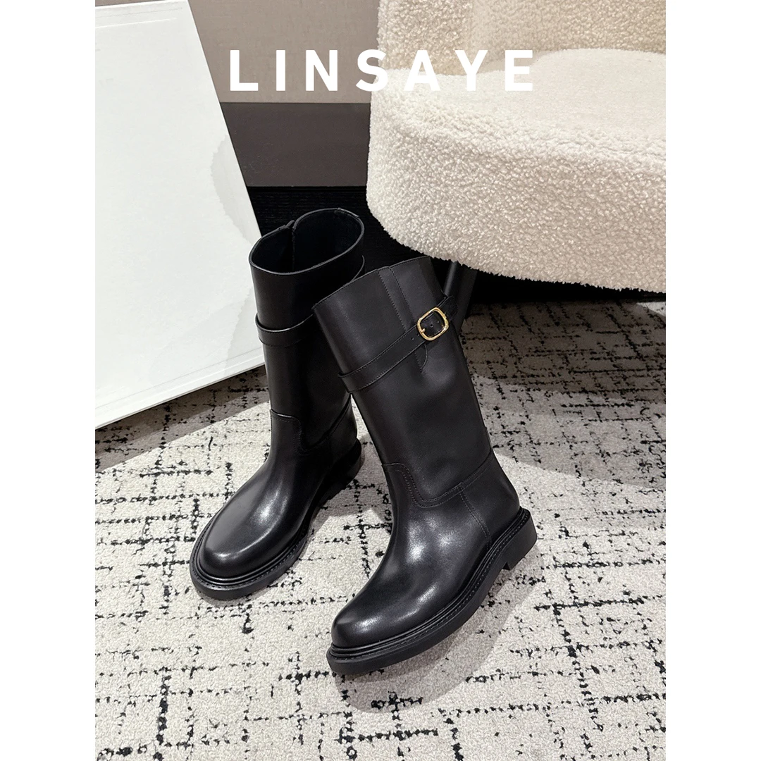 2025新款韩版小众设计感皮带扣真皮复古骑士靴女百搭休闲中筒靴女