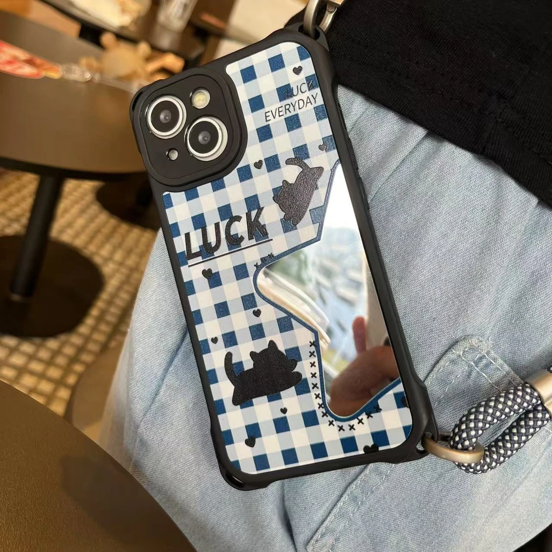 蓝格子星星猫咪四角挂绳镜面适用苹果华为oppo荣耀vivo小米手机壳