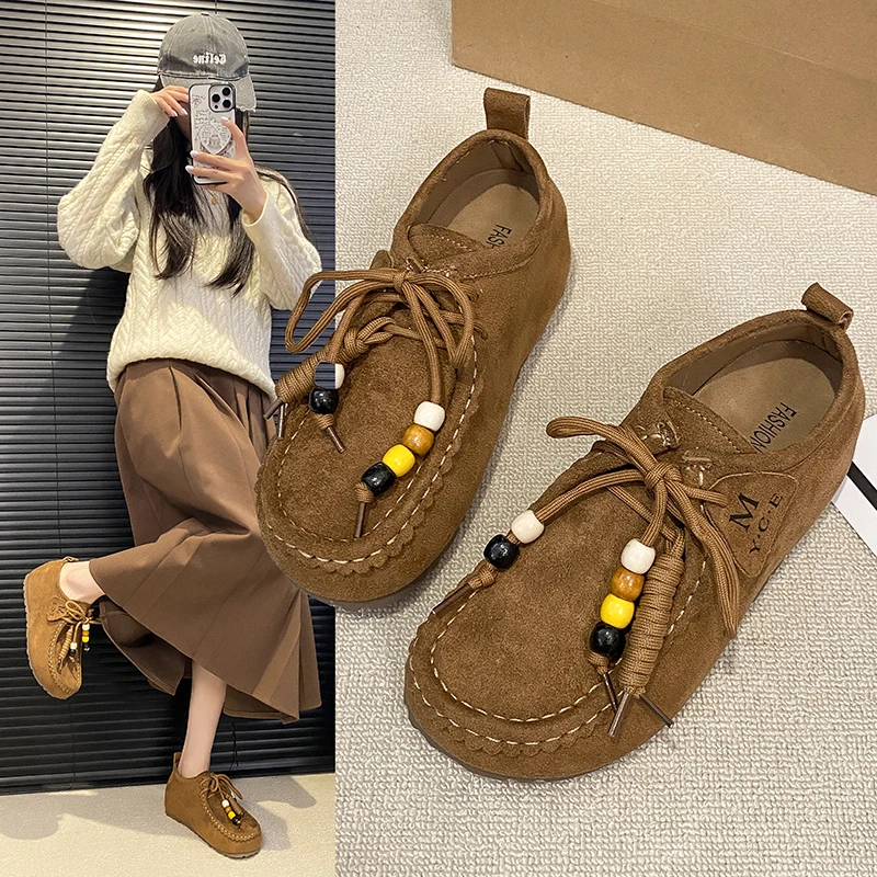 秋冬复古休闲低跟豆豆鞋系带百搭潮流平底英伦百搭秋季勃肯乐福鞋