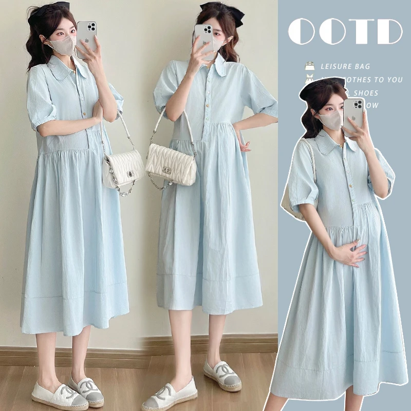 时髦孕妇装高级甜美小清新泡泡袖长裙女新款法式设计感polo连衣裙