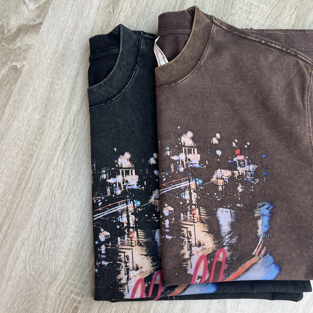 时尚潮流设计师款炒色复古做旧雨夜巴黎男女同款短袖T恤【W907】