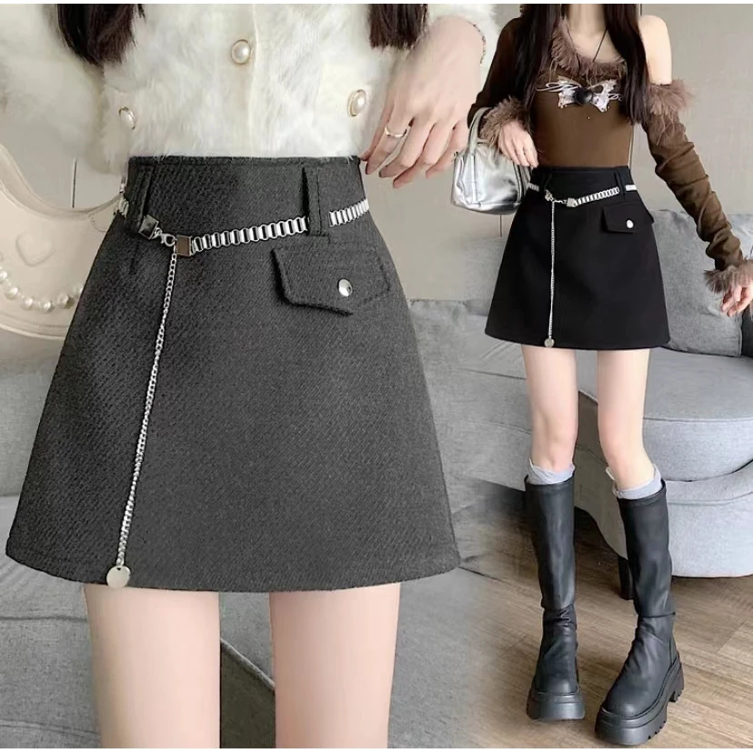 [送腰带]复古气质加厚毛呢半身裙冬新款通勤百搭高腰A字包臀短裙
