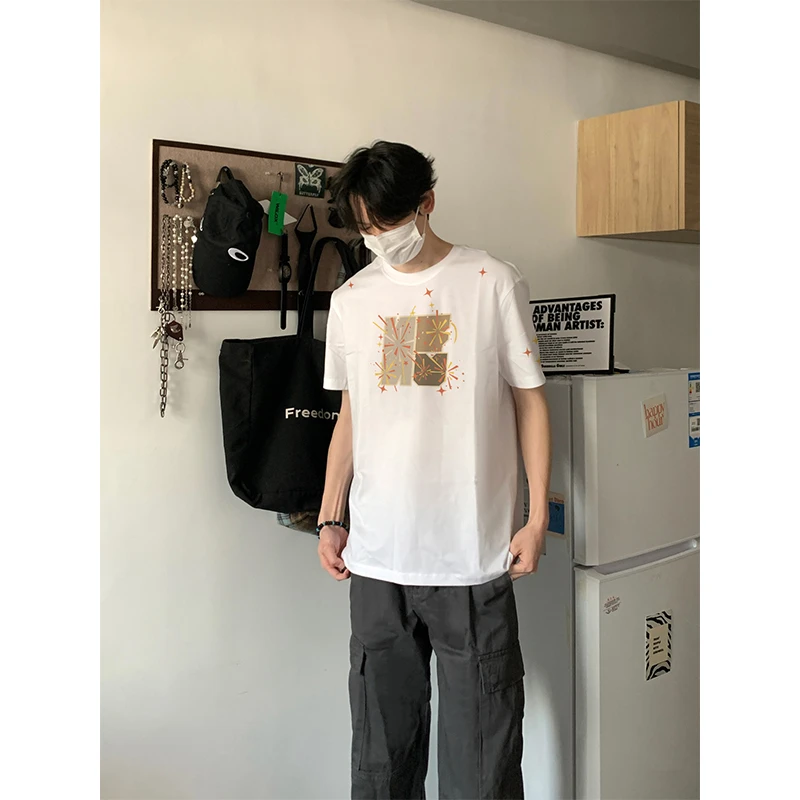美式vintage星星字母印花短袖t恤男夏季宽松街头重磅纯棉圆领上衣