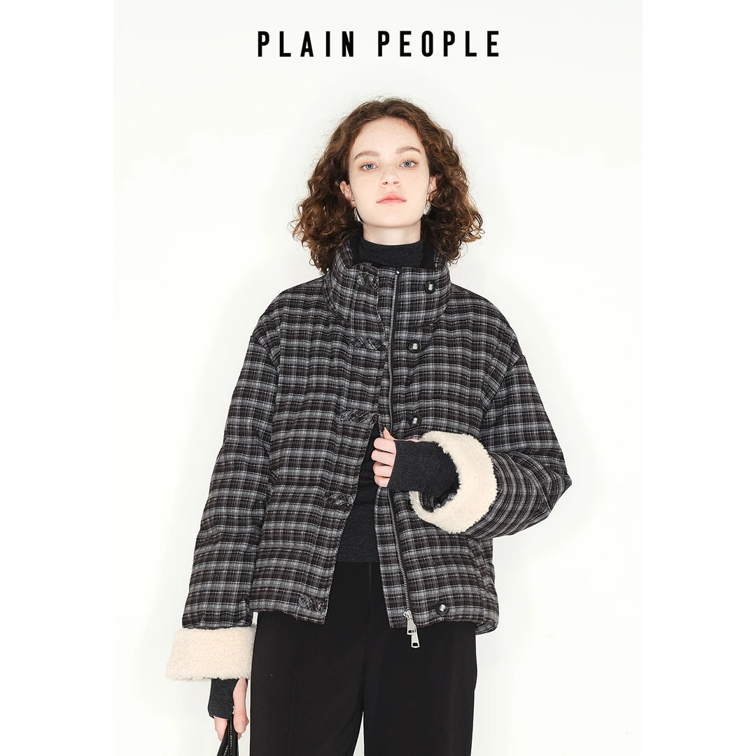 PLAIN PEOPLE复古格子加厚毛绒边立领短外套泡芙面包羽绒服2024冬