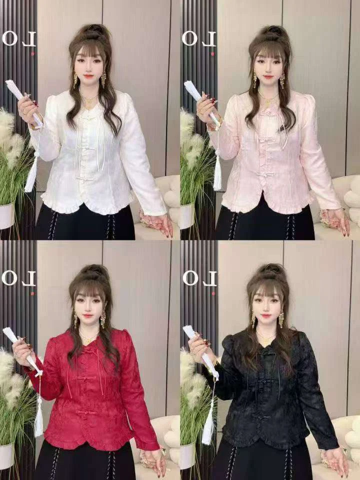 【晴儿家】2025早春新款大码女装新中式高级显瘦提花盘扣打底衫1253