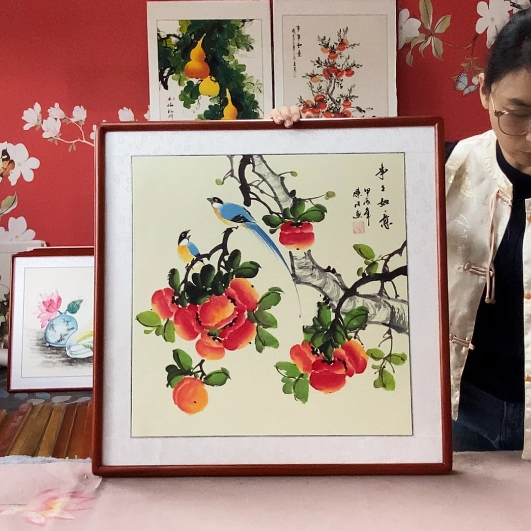 国画手写手绘国画作品带框包邮62✖️62