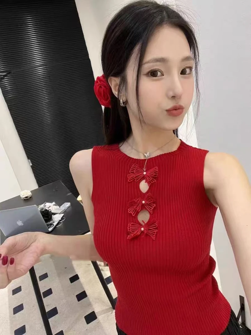 百搭针织衫法式薄款女抹胸毛针织衫外穿花朵显瘦无袖性感 1005